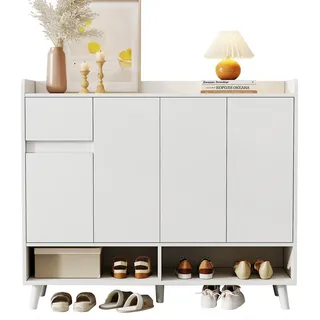 Stilvora Sideboard in Weiß Schuhschrank mit 4 Türen und 1 Schubladen für Esszimmer, Wohnzimmer oder Küche, B120/T35/H99cm , Holzwerkstoff , Rechteckig,Rechteckig , konisch , 120x99x35 cm , Kleinmöbel, Kommoden, Sideboards