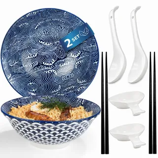 Urban Lifestyle Ramen Schüssel Set aus Porzellan SEIGAIHA für 2 Personen mit Ramen Schüsseln Ø 20,5 cm, Ramen Löffel, Dipschalen & Essstäbchen Suppenschalen & Müslischalen