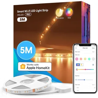 Meross LED Streifen, 5m, Led Leiste WLAN Kompatibel mit HomeKit und Alexa | mit Google Home, Geeignet für TV, Balkon deko, Wohnzimmer, Unterbauleuchte Küche, Weihnachten Deko, RGBWW, 2700K-6500K
