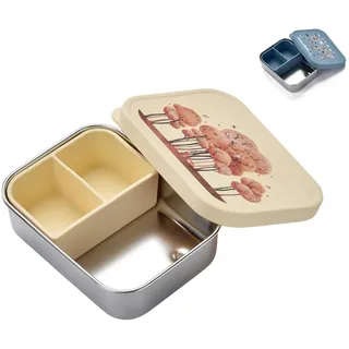 Jenard Edelstahl Brotdose für Kinder – kompakte Brotdose/leichte Snackbox mit Silikon Deckel & Trennfach. Ideal für Kindergarten & unterwegs. Auslaufsicher & BPA-frei, Creme/Tiere im Wald