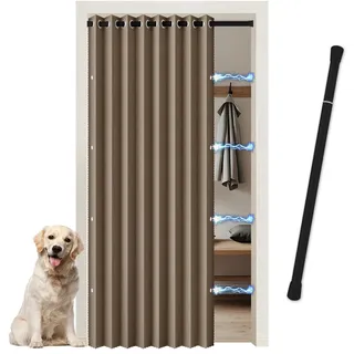 JCyh Türvorhang mit Teleskopstange, Tür Vorhang Innen Verdunkelnd mit Magnetknopf, Falttür ohne Bohren Lang 200 X 150 breit für Wohnzimmer, Schlafzimmer, Küche, Badezimmer, Stange Schwarz 70-128 cm