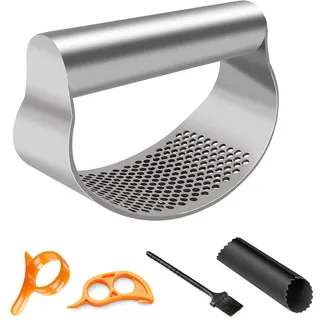 Knoblauchpresse Wippe Edelstahl Knoblauchwippe - Garlic Press Innovatives Design Küchenhelfer mit Silikon Knoblauchschäler Reinigungsbürste und Orangenschäler Spülmaschinenfest Einfach zu Reinigen