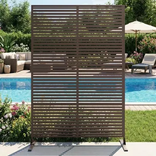Sichtschutz Metall, Freistehender Paravent 180x120 cm, Wetterfester Sichtschutz Für Garten Terrasse Balkon Outdoor Deko, Raumteiler Mit Ständer, Verzinkter Stahl, Horizontalstreifen Braun
