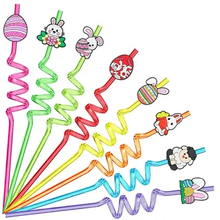 Ostern Dekor Strohhalme, Ynaice 8 Stück Wiederverwendbare Trinkhalme Niedliche Tier Curly Hard Party Geburtstag Kunststoff Strohhalme für Kinder Jungen Mädchen
