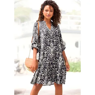 Longtunika VIVANCE, Damen, Gr. 44, blau (marine, beige), Web, Obermaterial: 100% Viskose, bedruckt, figurumspielend kniefrei, V-Ausschnitt, elastischer Bund mit innenliegendem Gummizug, Tuniken Longtunika, mit Volant am Saum, lockeres Blusenkleid im Boho-Style, Strandkleid, Topseller