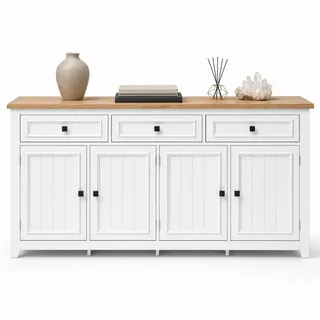 Stilvora Sideboard in Weiß und Naturfarben Anrichte mit 3 Schubladen für Wohnzimmer und Esszimmer, B160/T35/H76 cm , Metall, Holzwerkstoff , 4 Fächer , Rechteckig,Rechteckig , 160x76x35 cm , Kleinmöbel, Kommoden, Sideboards