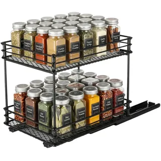 VINATO Gewürzregal Ausziehbar Schrank, 2 Etagen Gewürzständer für Schrank mit Rollenschienen, Gewürzregal Ausziehbar Ohne Bohren Küchenschrank Regal(26.1X20.3X21.3 cm)