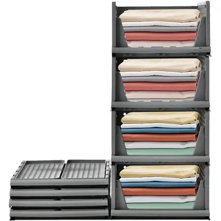 RMAN Schubladenbox 4er Set Kleiderschrank Organizer Stapelbare Schrank Regal Aufbewahrungsbox Plastik Trennwand Stapelschubladen für Kleidung Küchen Schlafzimmer Grau