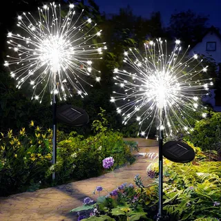 Joycome Solarleuchten für Außen 2 Stück 120 LED Feuerwerk Solarlampen, 8 Modi Gartenleuchten Solar Wetterfest Pusteblume Gartenstecker, Gartenbeleuchtung für Balkon Blumenkästen Terrassen Deko - Weiß