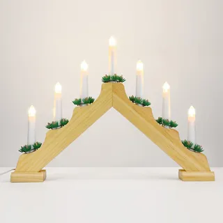 Lewondr Kerzenleuchter Weihnachten, Dekorativ LED Bogen Weihnachten Holz Weihnachtslichter Fensterbank mit 7 Kerzenlichtern Flammenlos Kerzenbrücke Schwibbogen für Advent Innen, USB-betrieben - Holz