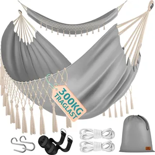 KESSER® Hängematte 320x150 cm belastbar bis 300 kg, wetterfeste & atmungsaktive Tuchhängematte mit Fransen für 1-2 Personen – Ideal für Camping, Garten & Outdoor, inkl. Beutel, Seile & Gurte - Grau