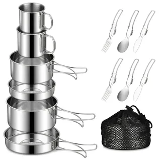 Camping Kochgeschirr Set - Camping Geschirr Set 304 Edelstahl Mini-Picknick-Camping Kochset, Edelstahl-Kochgeschirr-Set mit Topf und Pfannenset für Rucksackreisen, Camping, Wandern und Picknicks