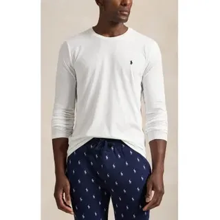 Polo Ralph Lauren für Herren. 714844759004 Nachthemd aus weißem Baumwollstrick (L), Heimtextilien, Baumwolle, Langarm