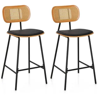 FANTASK Tresenhocker Set 2 Stück, Barhocker mit Rattan Rückenlehne & gepolstertem Sitz, Barstuhl mit Fußstütze bis 140 kg tragfähig für Küche Wohnzimmer Café
