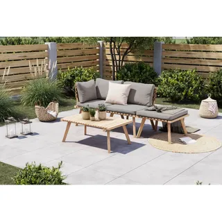 Ambia Garden Gartenset , Grau, Akaziefarben , Textil , 4-teilig , Akazie , massiv , Füllung: Polyester,Polyester , 186x60 cm , FSC 100% , wetterfest , Gartenmöbel, Gartengarnituren, Gartenmöbel-Sets