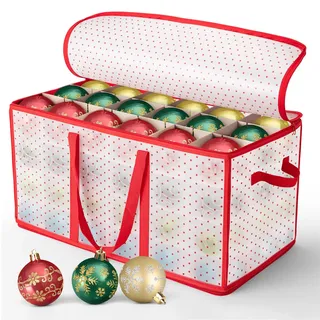 Aufbewahrungsbox für Weihnachtskugeln, Weihnachtskugeln Aufbewahrungsbox mit Reißverschluss und Deckel aus Kunststoff 128 Fächer je 8-10 cm seitliche Griffe Wasserdichte zur Aufbewahrung Rote