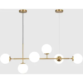 KCO Lighting Kücheninsel-Pendelleuchte mit 6 weißen Glaskugeln, moderner linearer Sputnik-Kronleuchter mit goldenem Metallrahmen für Esszimmer, Wohnzimmer, Restaurant