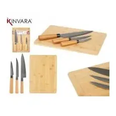 Kinvara Bambusbrett-Set mit 3 Messern Käseseiten, Schneidebrett, Braun