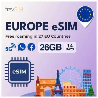 travSIM eSIM Europe | 24 GB Daten mit 4G/5G-Geschwindigkeit | nur eSIM-Daten | Nutzung von eSIM Europe in 27 EU-Ländern | eSIM Europe-Plan 14 Tage lang gültig