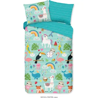Good Morning KinderBettbezug "dieren en regenbogen" - Aqua - (140x200/220 cm) - Baumwolle - Blau
