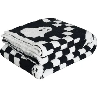 Brnabiou Ultraweiche, gemütliche, Karierte Halloween-Strickdecke, Flauschige Mikrofaser, Schachbrett-Bettdecke, leicht, beidseitig verwendbar, für Couch, Sofa, Bett, 127 x 152 cm, Schwarz