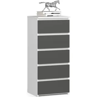 Kommode mit 5 Schubladen Kommode Organizer Kommode mit Schubladen 40 cm breit 92 cm hoch | weiß-grau Highboard Sideboard Schrank schmal - Weiß, Grau