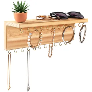 BELLE VOUS Schmuckhalter Wand - Naturholz Schmuckaufbewahrung Schmuckleiste Organizer Regal mit 24 Haken - Schmuckhalter L30,3 x B7,3cm - Rustikale Halsketten Aufbewahrung, Armbänder, Ohrringe &Ringe