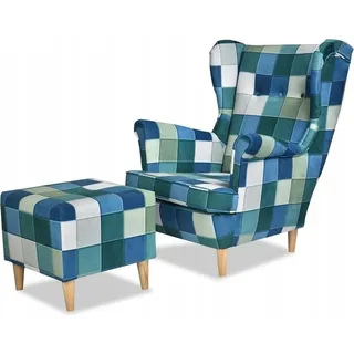 Ohrensessel Sessel Mit Pouffe Blau Grün Kariert Lounge