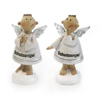 TEMPELWELT 2X Deko Engel Figur lustige Schutzengel Stehend im Set je 6 cm, Polystein Weiß Silber, Dekofigur Engelkinder Engelsfigur Geschenk Geburt Taufe