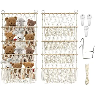 QUTHZZHY Kuscheltier Aufbewahrung, 4 Lagen Plüschtier Kuscheltiere Aufbewahrung Netz, Boho-Macramé Hängematte mit 2 Haken, Kinderzimmer Deko für Plüschtiere und Teddybären