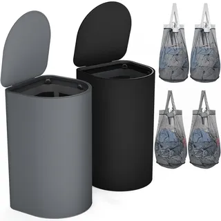 HELLKOPF 2er Pack Wäschekorb mit Deckel 140L Groß Kapazität - Wäschesammler mit 2 Fächer zum Sortieren der Schmutzwäsche, 4 Abnehmbar Innensäcke, Laundry Baskets Einfach Montieren, SchwarzDunkelgrau