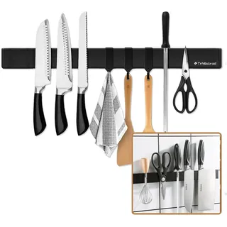 [Verbesserte 50cm]Trhillsbrad Magnetleiste Messer, 50cm Messerhalter Magnetisch mit 3 Haken Edelstahl Messerleiste Selbstklebend, Silbrig Wandhalterung Magnetleiste Ohne Bohren Messerhalter
