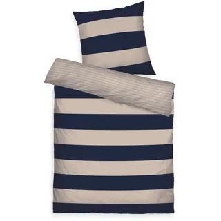 Tom Tailor Renforcé-Bettwäsche, 80x80 cm + 135x200 cm, 100% Baumwolle/ Renforcé, mit Wendemotiv und farbigem Markenreißverschluss, BOLD STRIPES Blau, Beige (Dark Navy & Sunny Sand)