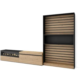 Skraut Home | TV-Bank | Möbel Wohnzimmer komplett | 310 x 186 x 35 cm | für Fernseher bis 80 Zoll | elektrischer Kamin | moderner Stil | Eiche und Schwarz