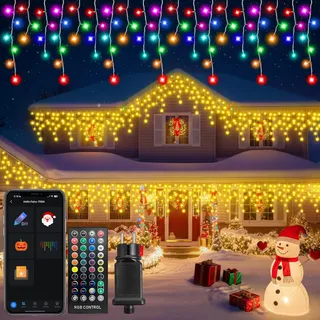 15M Smarte Eisregen Lichterkette Außen, APP Steuerung LED Lichtervorhang Outdoor in Warmem Weiß und RGB, Weihnachtsbeleuchtung mit Stecker, Timer Musik sync Wasserdicht für Balkon Fenster Geländer