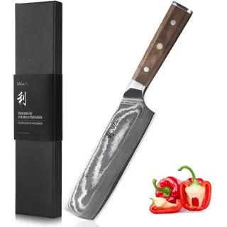 Wakoli Damast Nakiri Messer 18 cm, Gemüsemesser, 67 Lagen Damaststahl | VG10 Kern, Full Tang, Walnussholzgriff, 15° V-Schliff beidseitig, 60 ± 2 HRC, passgenaue Geschenkbox für sichere Aufbewahrung