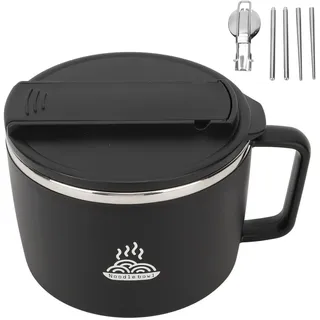 Haofy Mikrowellen-Nudelschüssel mit Essstäbchen und Spork 1200 Ml Tragbare Ramen-Kochschüssel aus Edelstahl 304 mit Deckel für das Büro-Slot-Design (Schwarz)