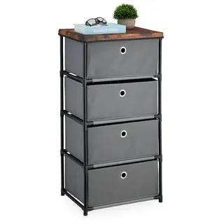 Relaxdays Kommode, 4 Stoffschubladen, Metall, Holzoptik, 85 x 43 x 33 cm, Wohnzimmer, Flur, Beistellkommode, grau/braun