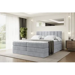 altdecor Boxspringbett mit 2 Matratzen und Topper - 140x200 cm - OTTA KING - Hellgrau Samt - Polsterbett mit, H3- und H4- Matratzen, Bettkasten und Lattenrost, Bett mit Stauraum - Hellgrau