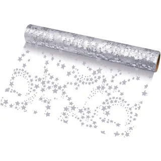 MODERNO Tischläufer Organza mit Sternen in Silber/Metallic (28 cm x 5 m) transparentes Tischband, Elegante Tischdeko für Weihnachten & Adventszeit, Festliche Dekoration zu feierlichen Anlässen
