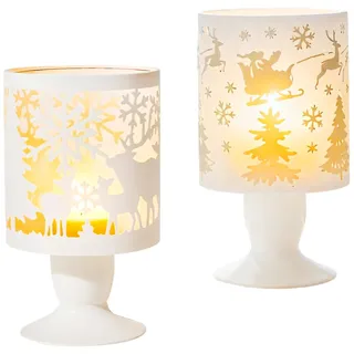 Kerzenhalter Weihnachtsdeko Innen, 2er Windlicht Weihnachten, Teelichthalter Weihnacht, Modern Landhausstil Kerzenständer Weiß, für Adventsgesteck, Tisch Fenster Wohnzimmer, Deko Weihnachten