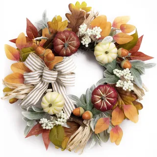 Valery Madelyn 45cm Türkranz Herbstdeko,Herbstkranz Modern Innen und Außen,Deko Kürbis Ahornblatt Beere,Fliege für Haustür Tisch,Herbstgirlande für Fall Decor Erntedank Herbst,Orange