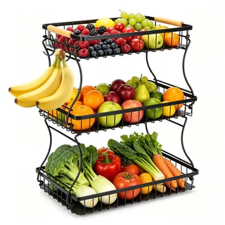 Romon Obstkorb Schwarz 3 Etagen, Metall Obst Etagere mit Haken, Abnehmbar & Großer Kapazität für Küchen- Und Gemüsearbeitsplatte