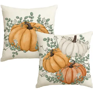 Artoid Mode Orange Kürbisse Eukalyptus Herbst Kissenbezüge 2er Set, 45x45 cm Saisonnal Fall Zierkissenbezug Cushion Cover Wohnzimmer Deko
