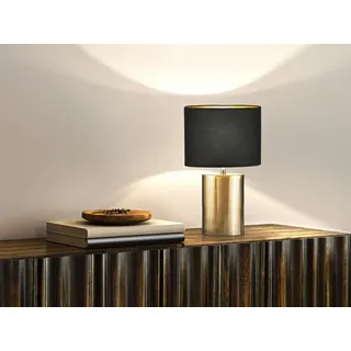 LED Tischlampe Keramikfuß Bronzefarben Stoffschirm Schwarz innen Gold, 43cm groß