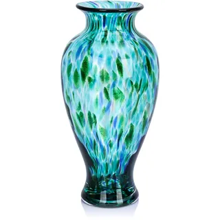 Mundgeblasene Glasvase, 30 cm hoch, schöne türkisfarbene Vase mit breiter Öffnung, Knospenvase für Tischdekoration, buntes Muranoglas, Blumenvasen für Zuhause, Eingang, Hochzeitszentrum