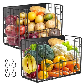 2 Magnetische Obstkorb Hängend & Gewürzregal Magnetisch, Küchen Organizer- Küchenregal Ohne Bohren- Obstkorb Etagere Obst und U-Shape Gemüse Aufbewahrung, Magnetisches Regal Kühlschrank Schwarz