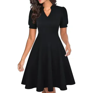 Mokayee Damen-Sommerkleid, Kurze Puffärmel, lässig, semi-Formale Passform, ausgestellt, Kirche, Hochzeit, Gast, Arbeit, Kleider mit Taschen, 0 Schwarz, X-Groß