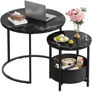Wlive Couchtisch 2er Set, Beistelltisch Rund mit Stauraum, Wohnzimmertisch Holz mit Metallrahmen, Sofatisch für Wohnzimmer Schlafzimmer, (Marmor Schwarz, 60 cm und 40 cm Durchmesser)