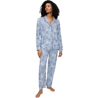Pyjama TRIUMPH "Boyfriend Fit PW 03", Damen, Gr. 44, blau (combina blau), Single Jersey, Obermaterial: 100% Viskose, bequem lang, V-Ausschnitt, Homewear-Sets Pyjama, bequem und stilvoll